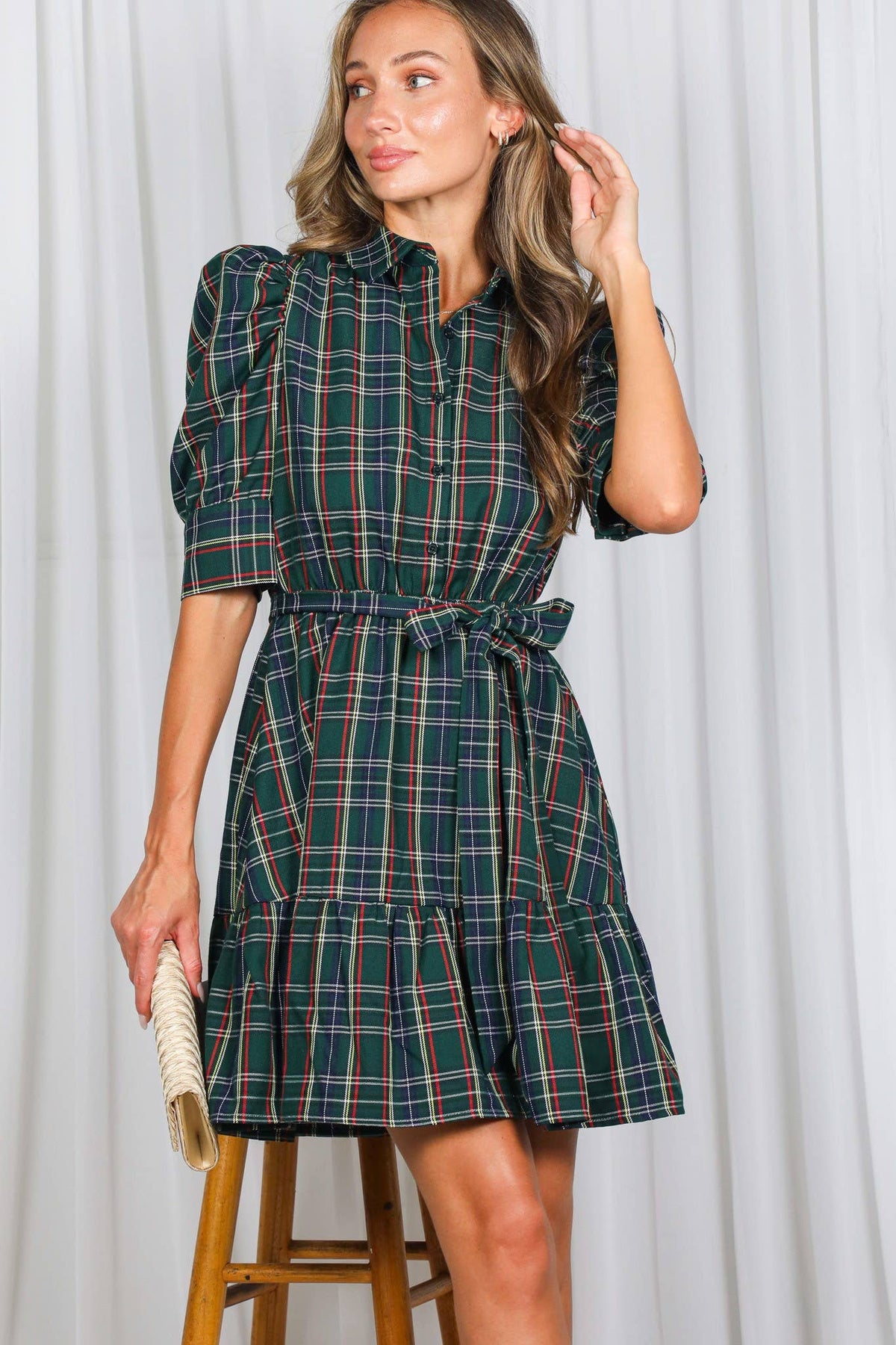 Red Plaid Short Puff Sleeve Mini Dress