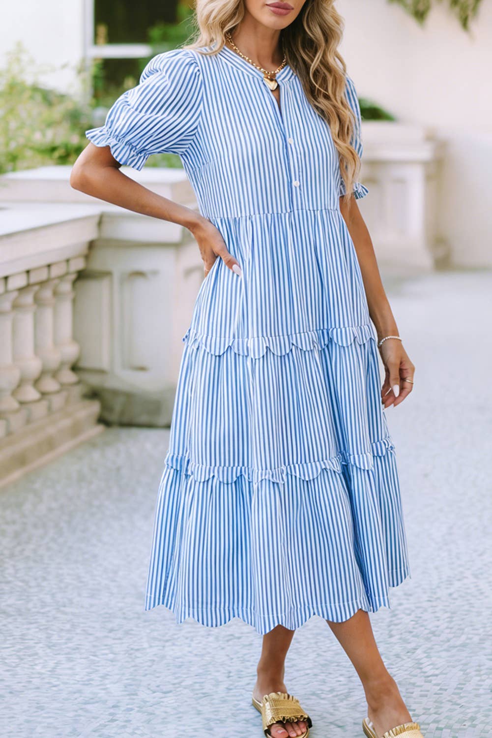 Blue Striped Short Sleeve Tiered Dress