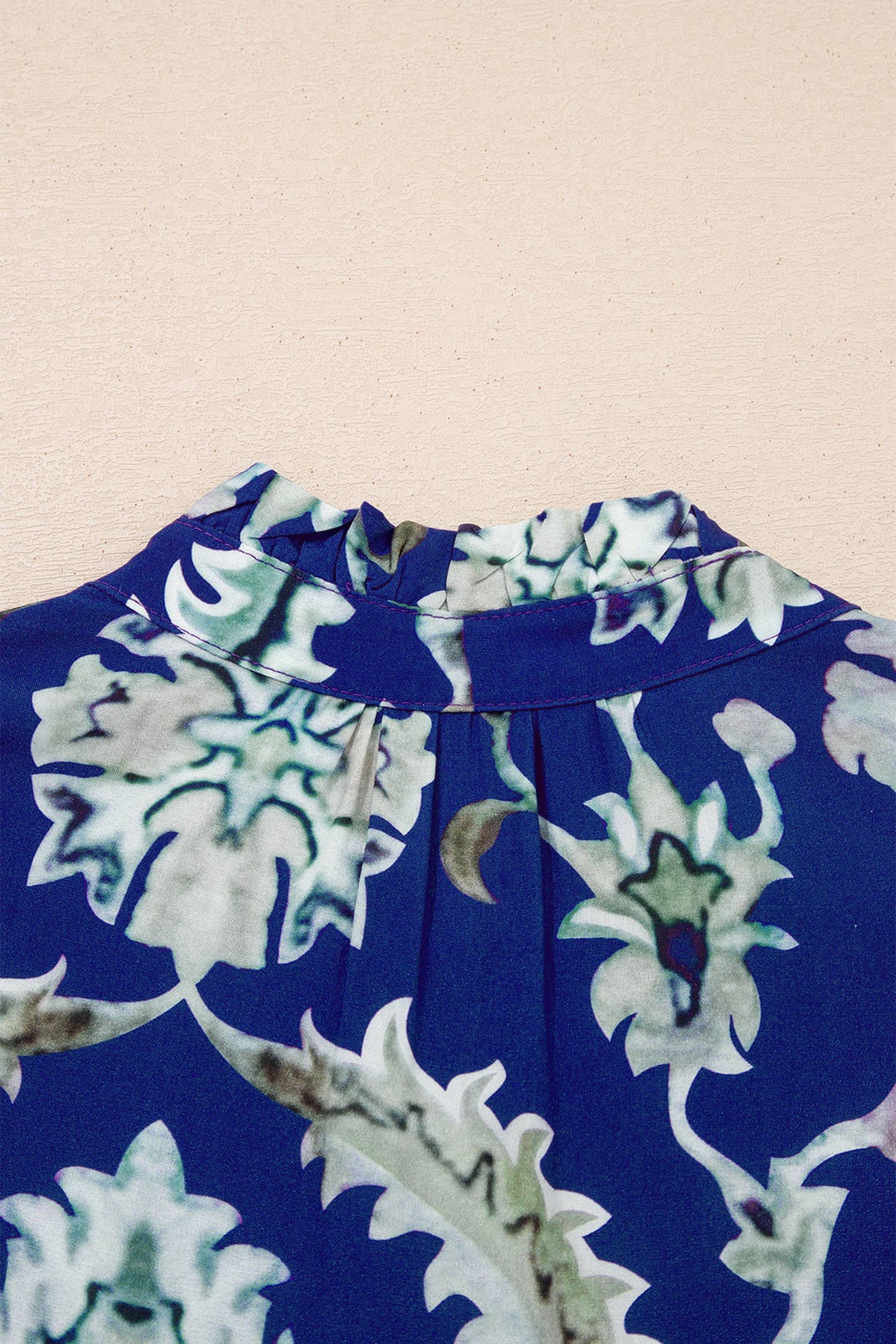 Blue Floral Print Frilled Collar Half Sleeve Long Dress