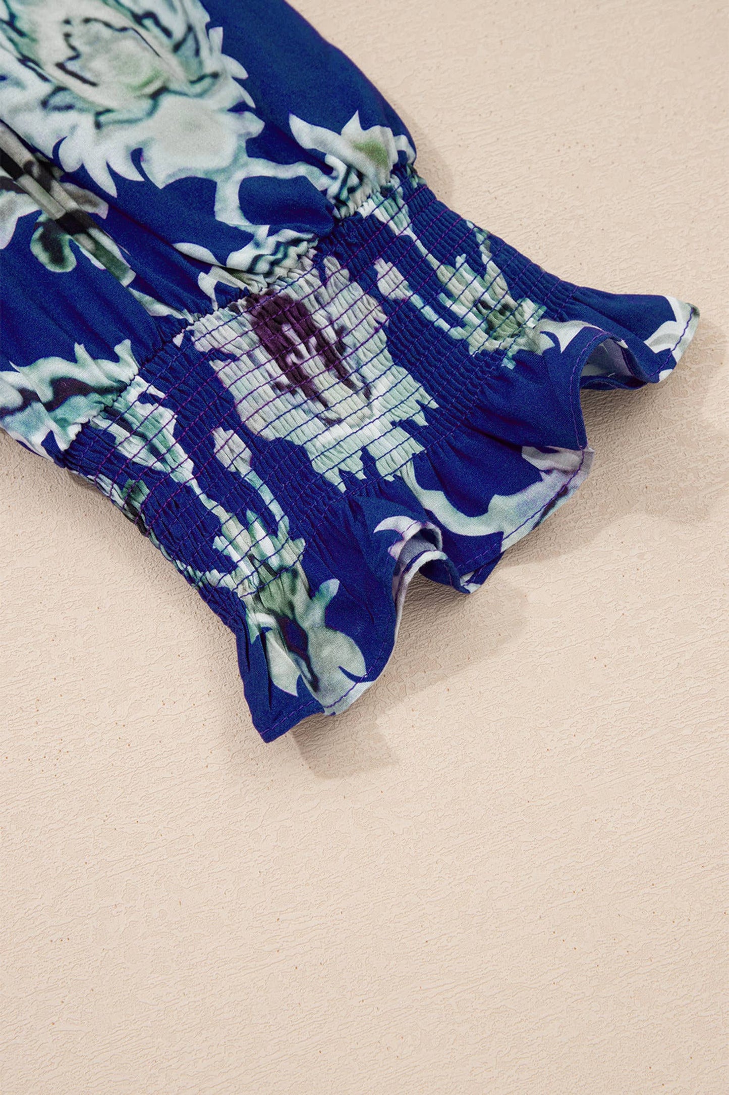 Blue Floral Print Frilled Collar Half Sleeve Long Dress
