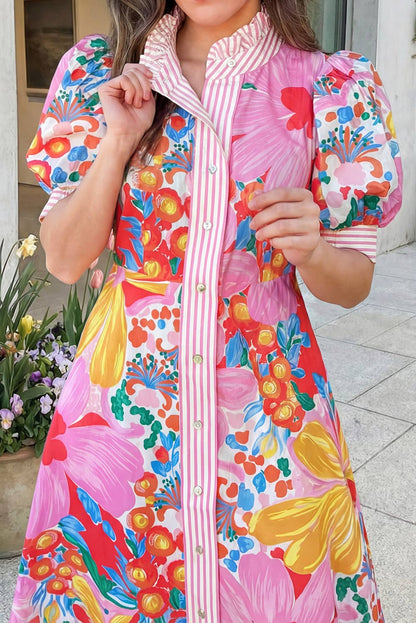 Pink Floral Print Button Down Midi Dress