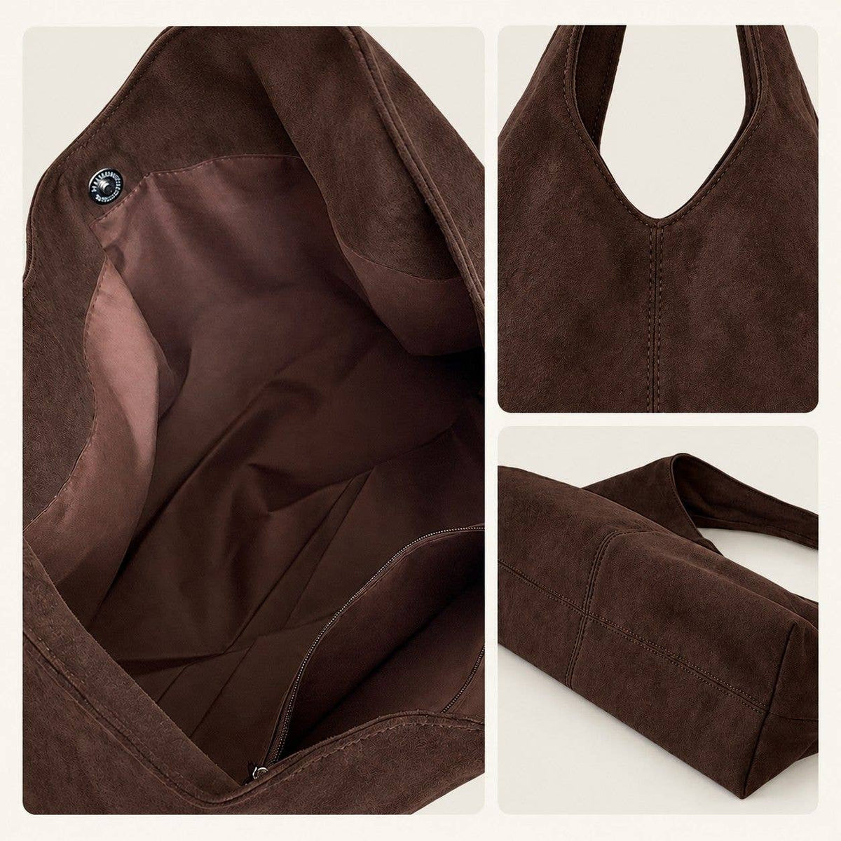 Coffee Brown Large Faux Suede Hobo Shoulder Bag with Magnetic Closure