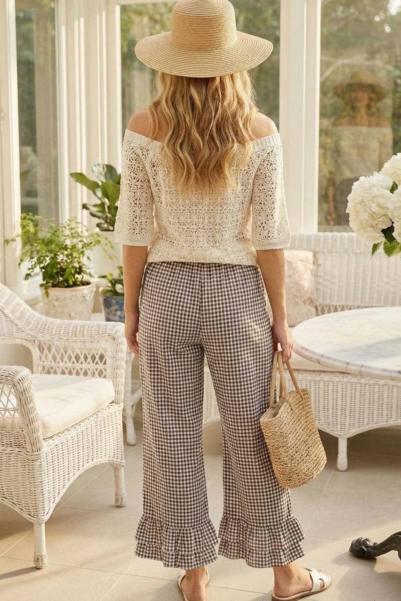 Brown Gingham Ruffled Hem Cropped Pants