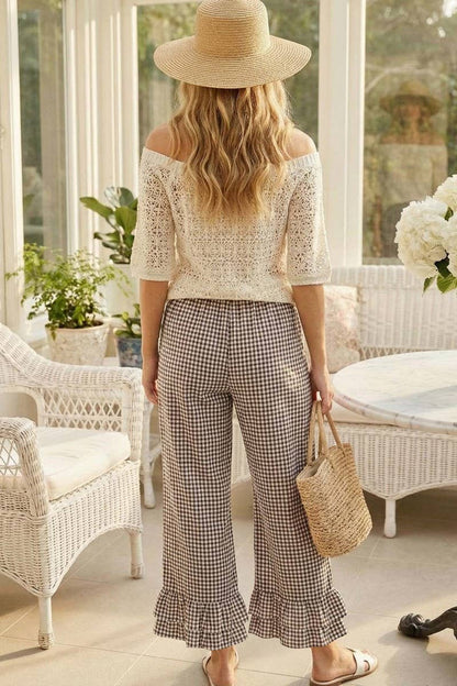 Brown Gingham Ruffled Hem Cropped Pants