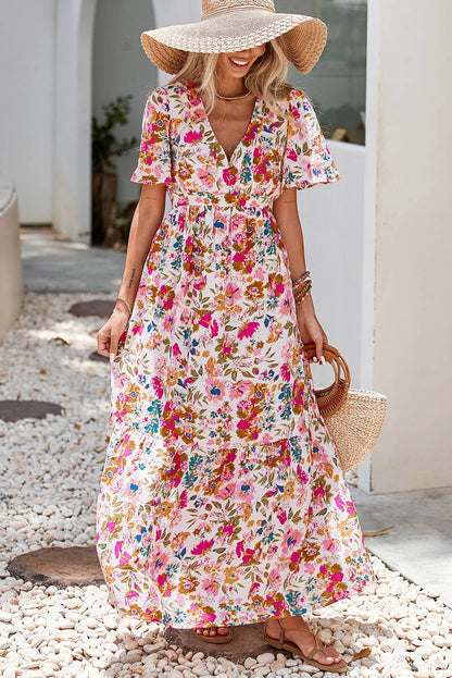 Floral Short Sleeve High Waist Maxi Dress