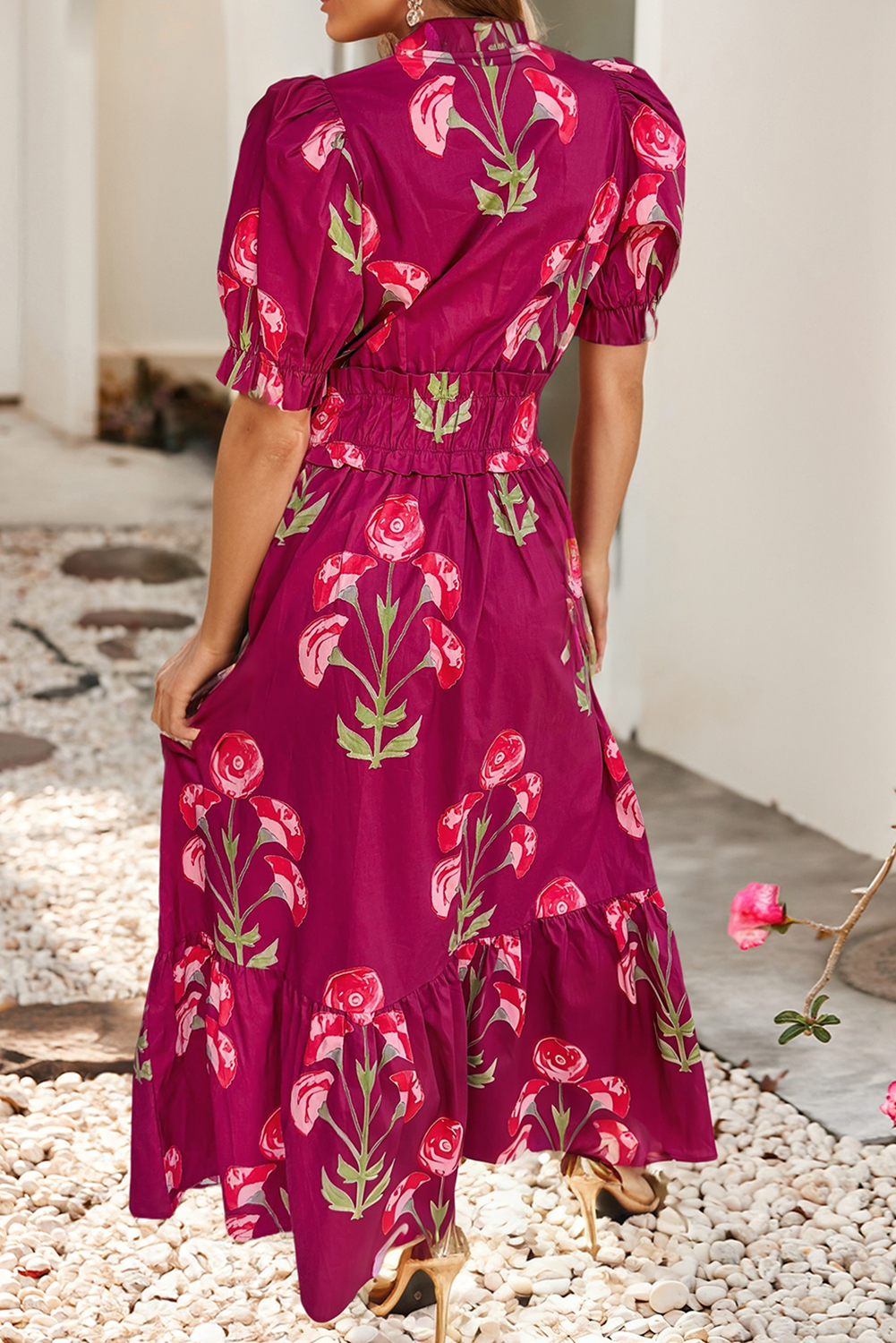 Red Floral Short Sleeve Ruffle Maxi Dress