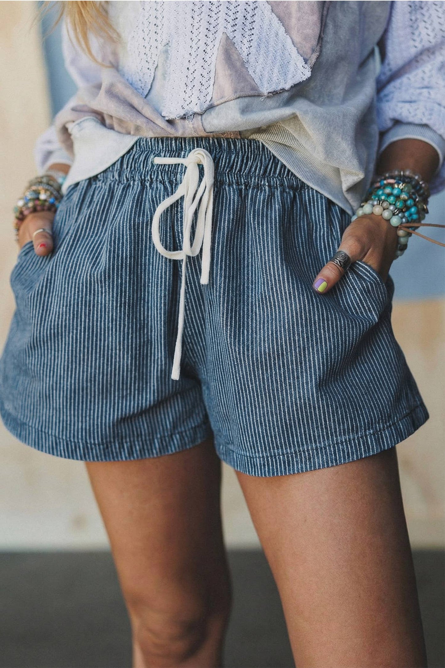 Striped Elastic Waist Casual Denim Shorts