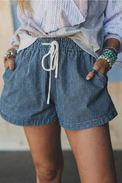 Striped Elastic Waist Casual Denim Shorts