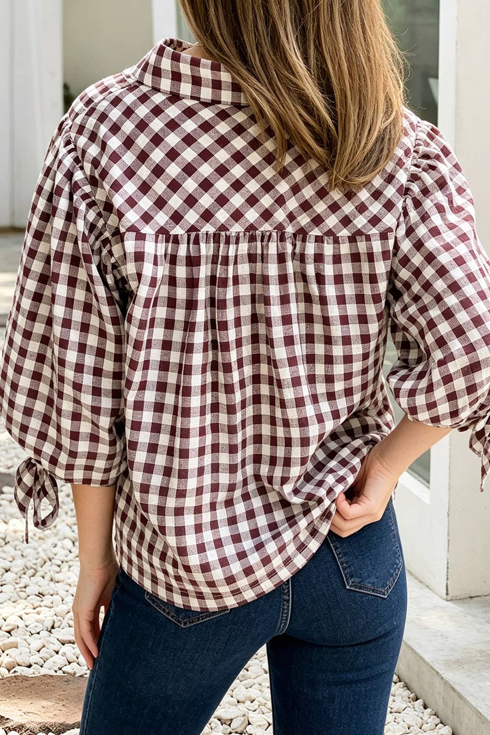 Brown Plaid Knot Half Sleeve Button Down Shirt