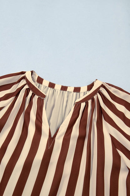 Brown Striped V Neck Half Sleeve Blouse