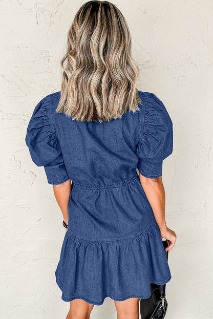 High Waist Puff Sleeve Denim Mini Dress