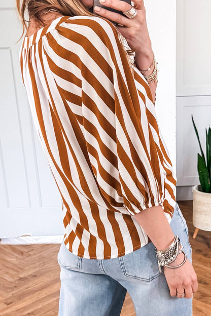Brown Striped V Neck Half Sleeve Blouse