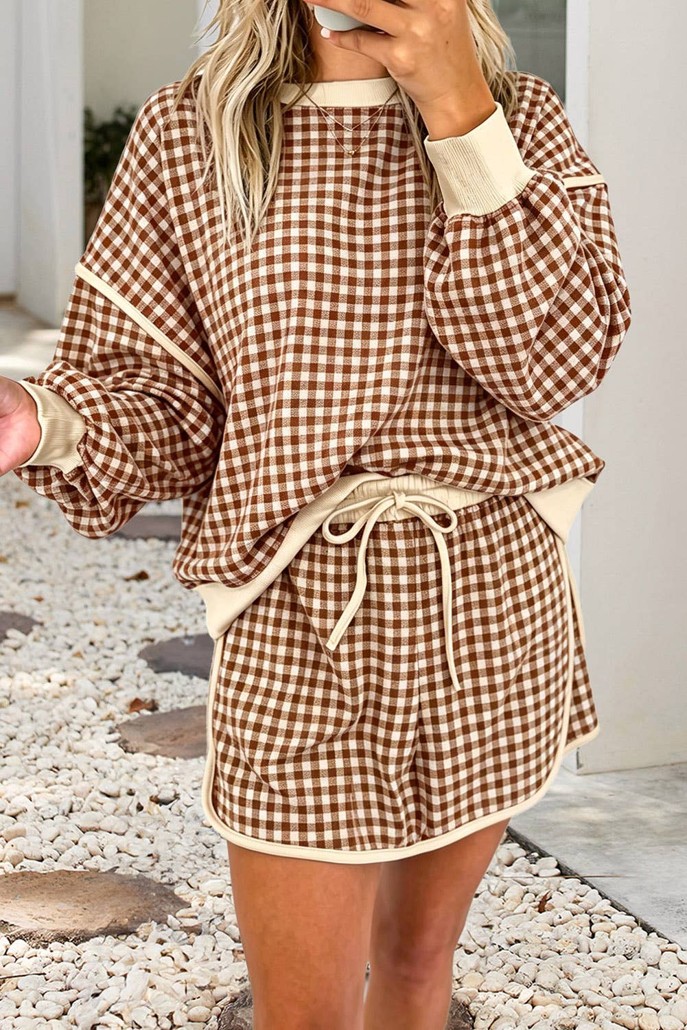 Red Gingham Oversized Crew Neck Top and Skirt Set