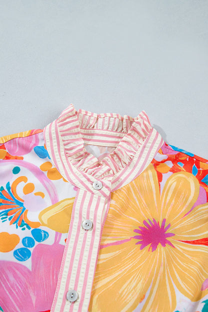 Pink Floral Print Button Down Midi Dress