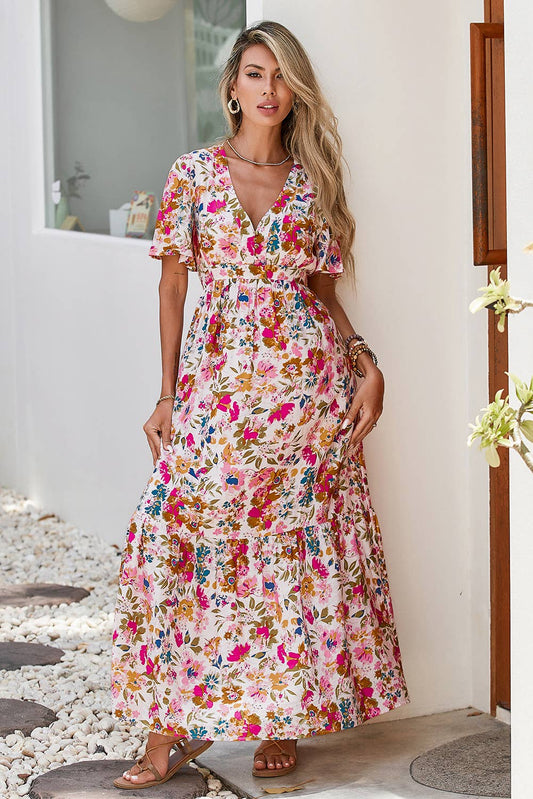 Floral Short Sleeve High Waist Maxi Dress