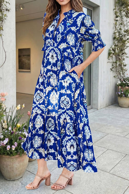 Blue Floral Print Frilled Collar Half Sleeve Long Dress