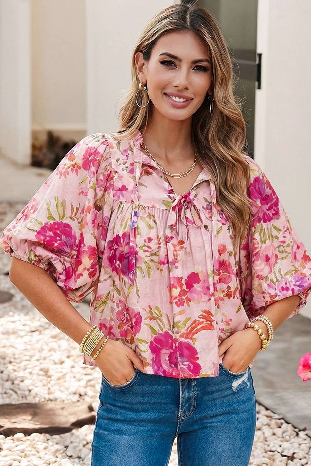 Spring Floral Print Half Sleeve Blouse