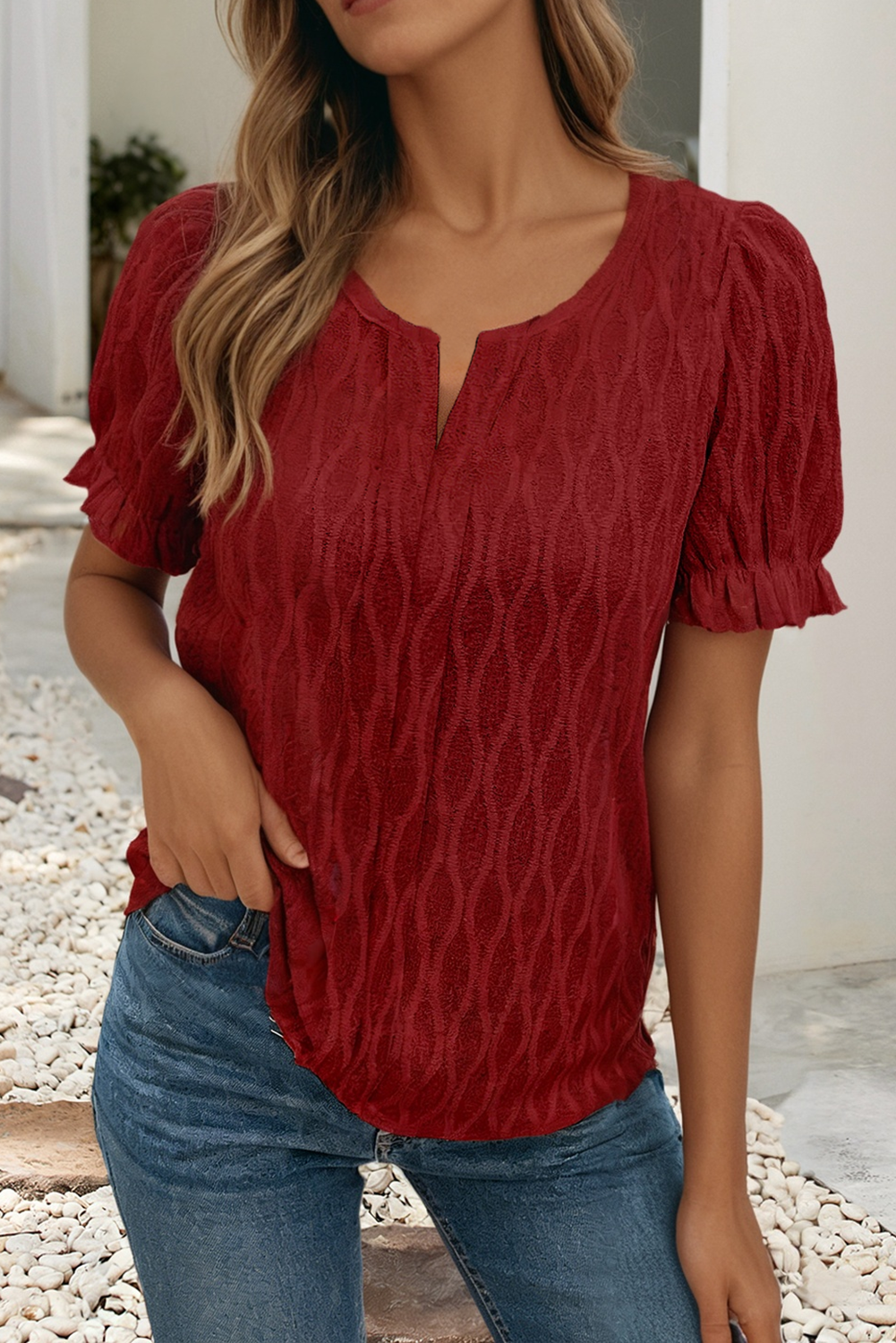 Wine Color Textured Notched Neck Puff Sleeve Blouse