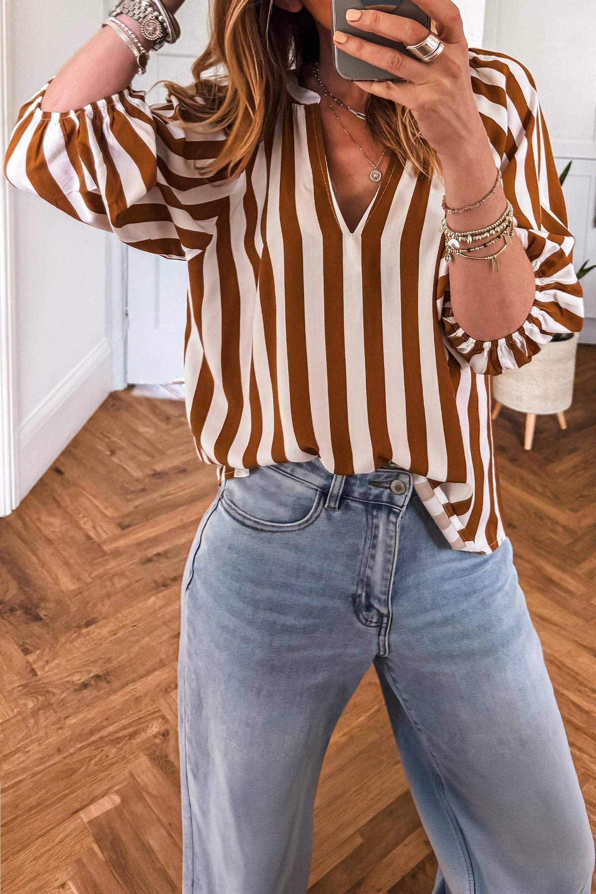 Brown Striped V Neck Half Sleeve Blouse