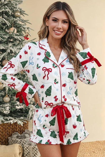Christmas Print Ruffle Cuff Long Sleeve Lounge Set