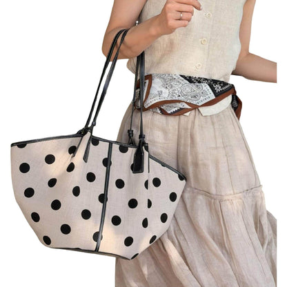 Polka Dot Linen Tote Bag Magnetic Snap Closure