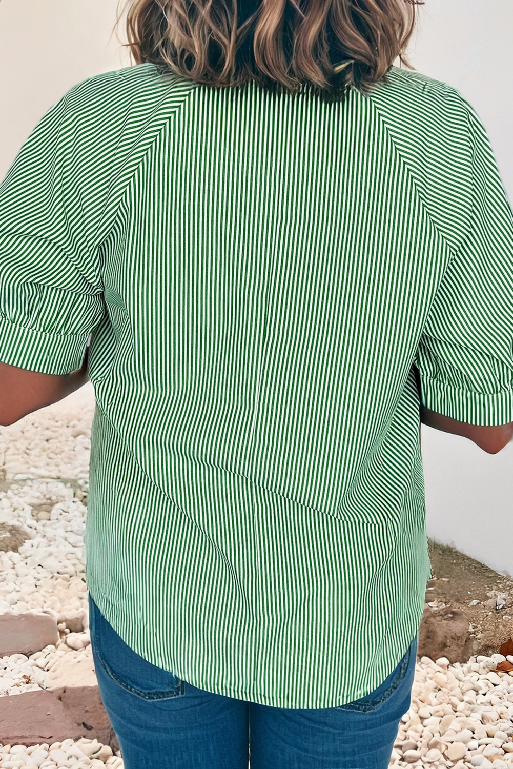 Green Striped Collared Split Neck Half Sleeve Blouse