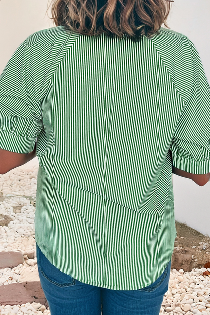 Green Striped Collared Split Neck Half Sleeve Blouse