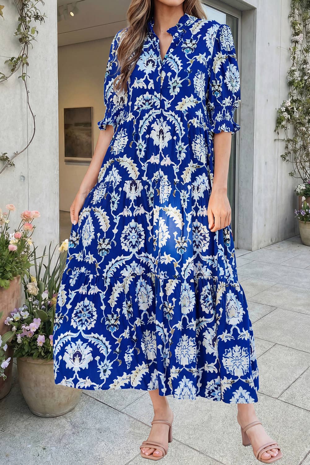 Blue Floral Print Frilled Collar Half Sleeve Long Dress