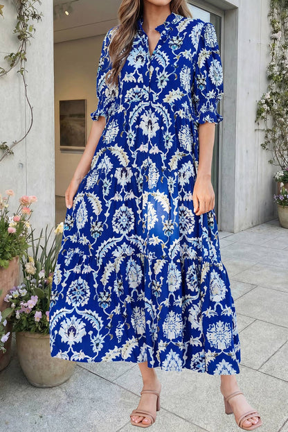 Blue Floral Print Frilled Collar Half Sleeve Long Dress