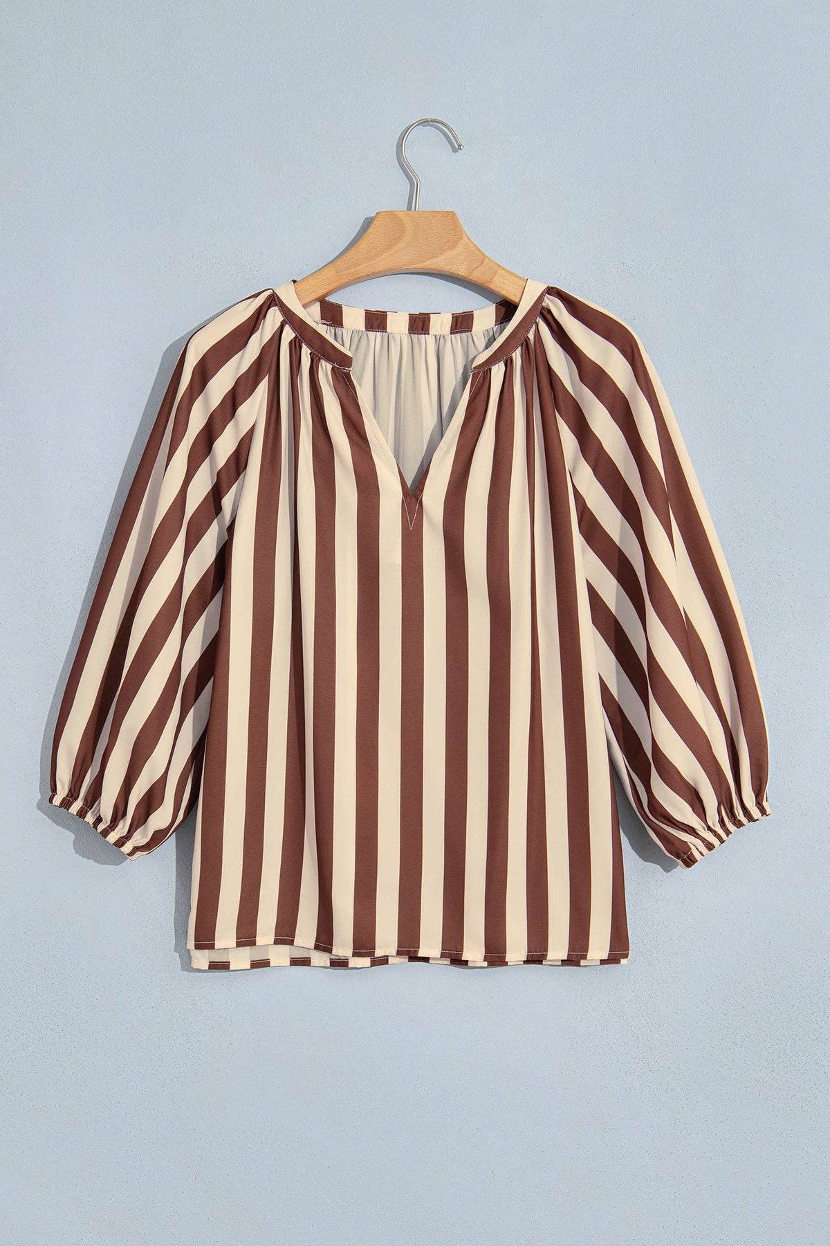 Brown Striped V Neck Half Sleeve Blouse