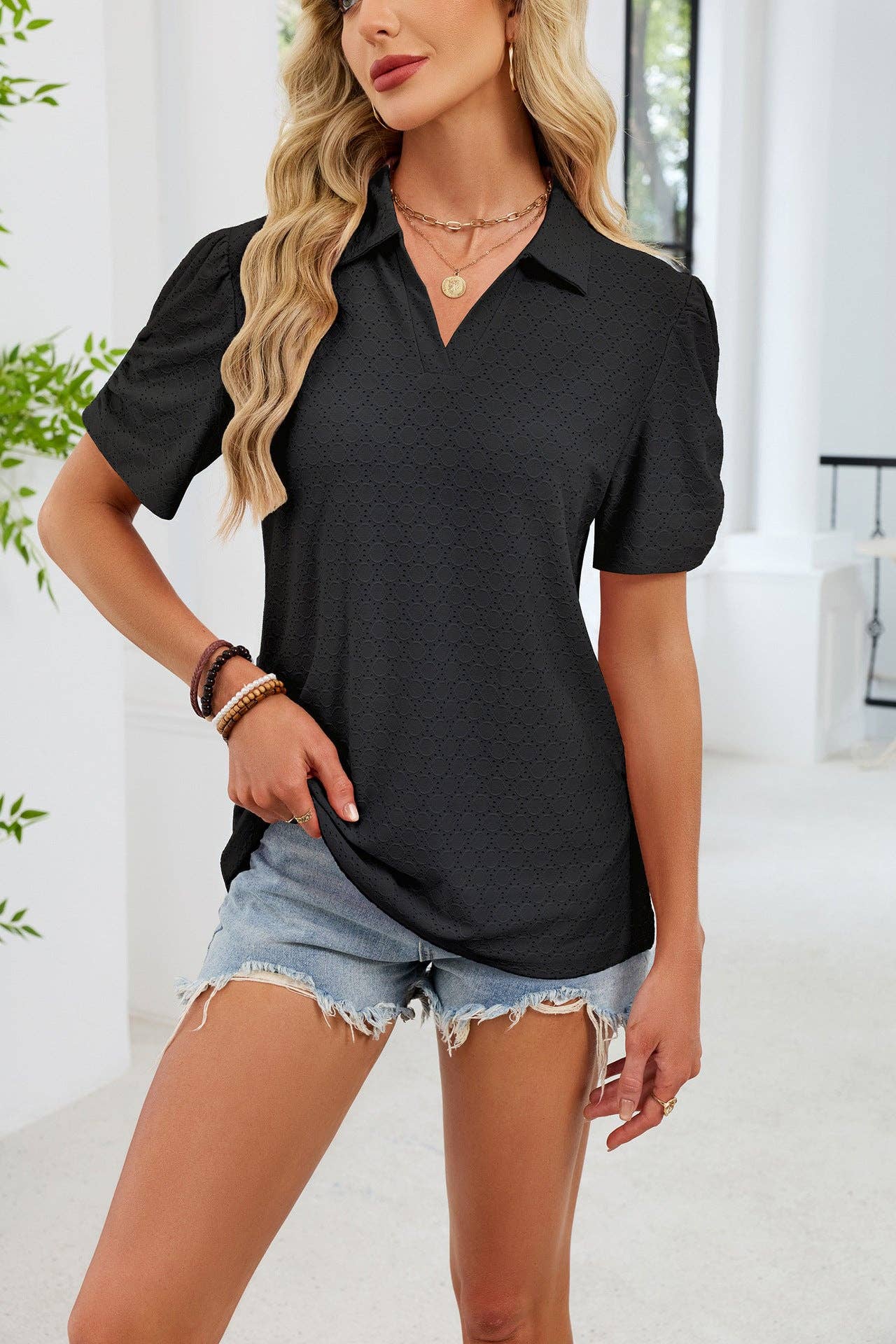 Polo Knit Puff Sleeve Top