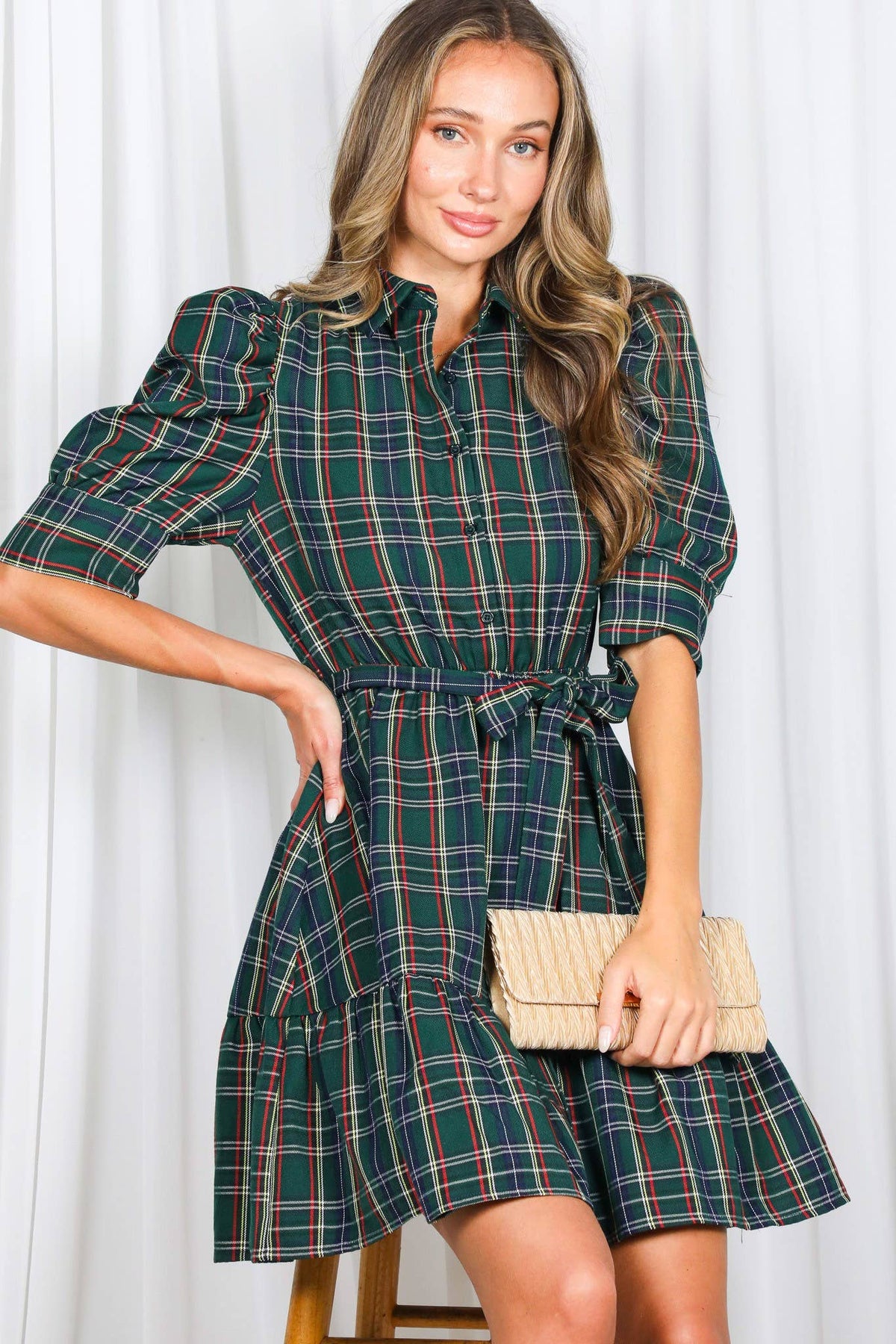 Red Plaid Short Puff Sleeve Mini Dress
