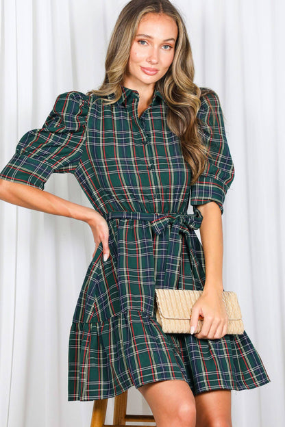 Red Plaid Short Puff Sleeve Mini Dress