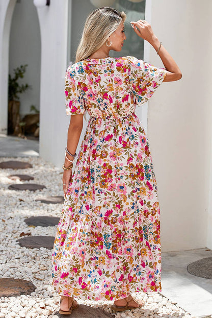 Floral Short Sleeve High Waist Maxi Dress