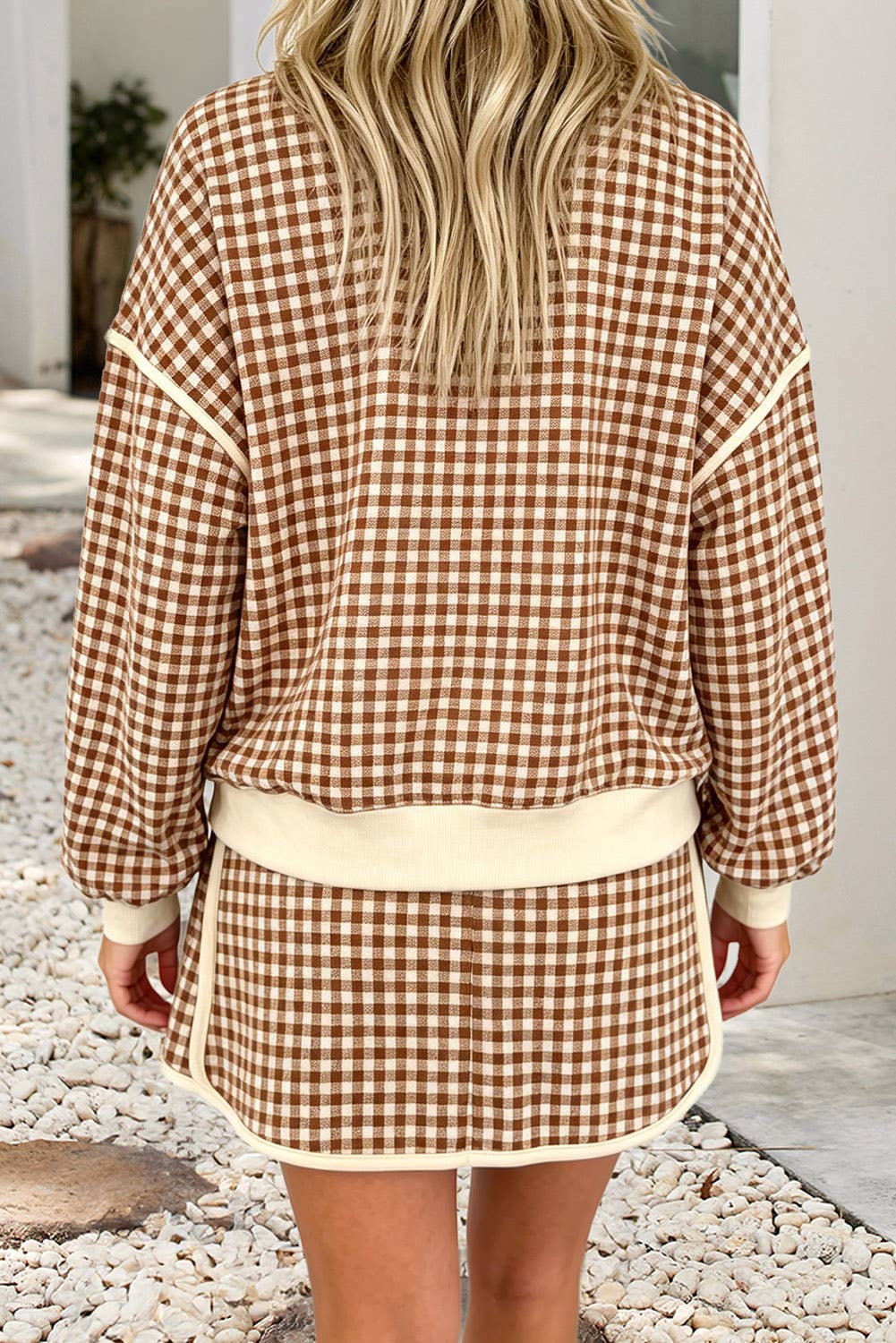 Red Gingham Oversized Crew Neck Top and Skirt Set