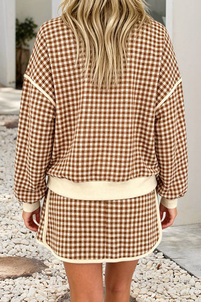 Red Gingham Oversized Crew Neck Top and Skirt Set