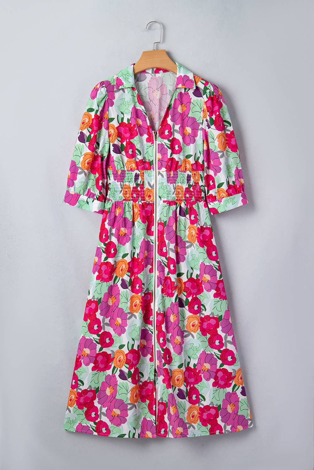 Floral Print Zip Up Half Sleeve Dress