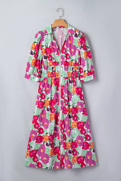 Floral Print Zip Up Half Sleeve Dress