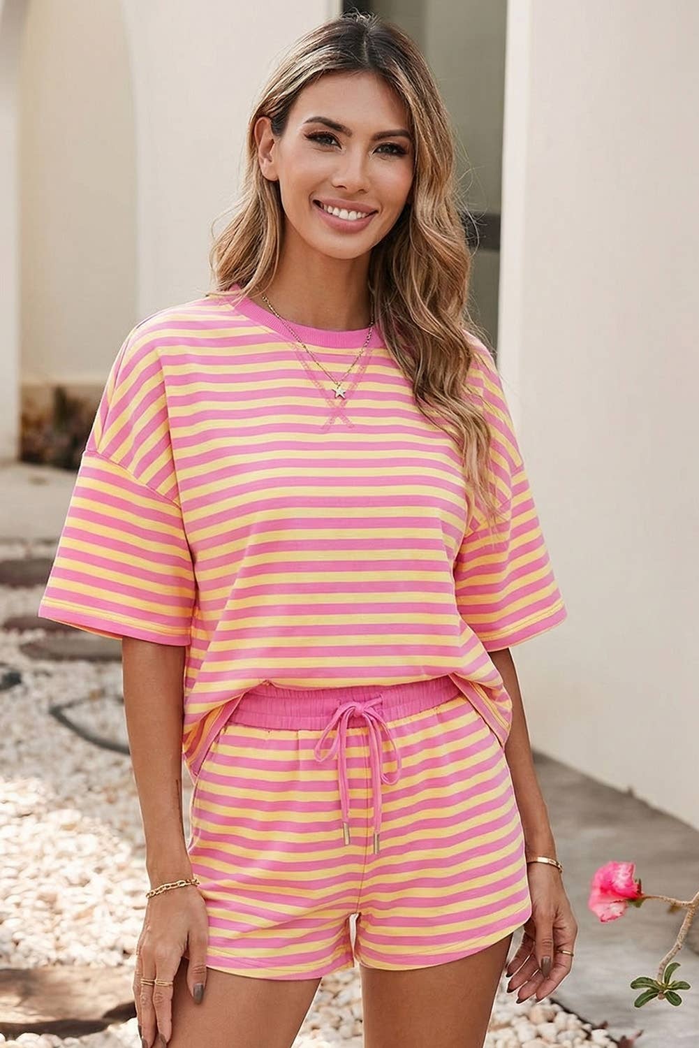 Striped Drop Shoulder Boxy Terry Short Set