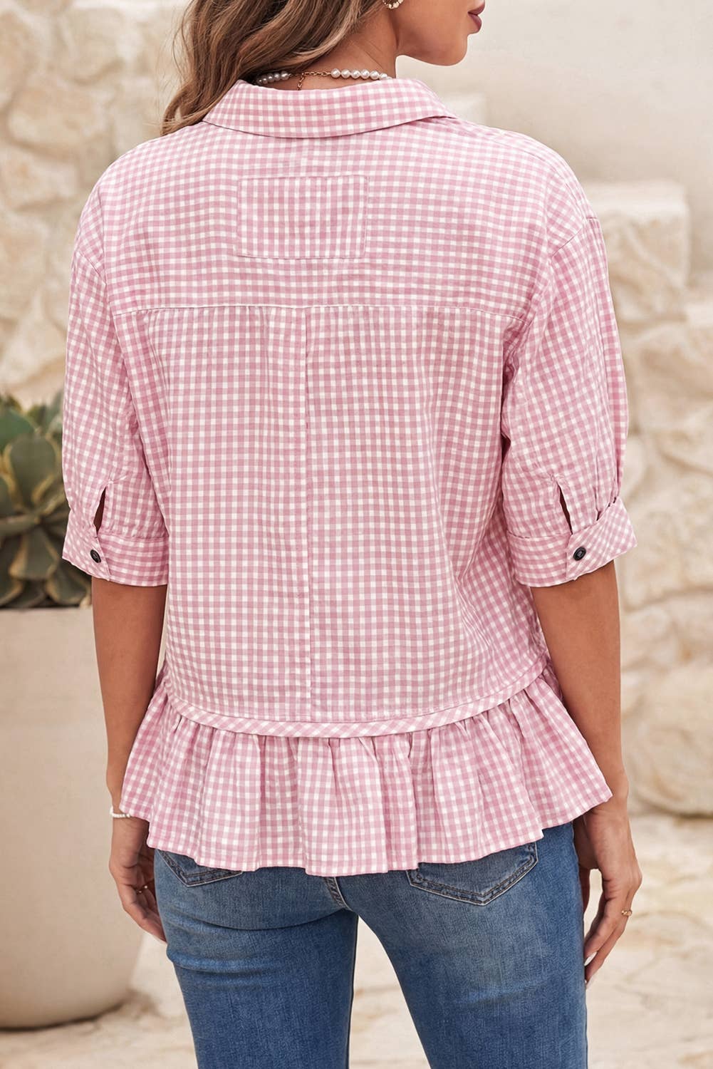 Pink Plaid Half Sleeve Ruffle Hem Button Down Shirt