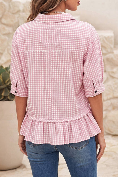 Pink Plaid Half Sleeve Ruffle Hem Button Down Shirt
