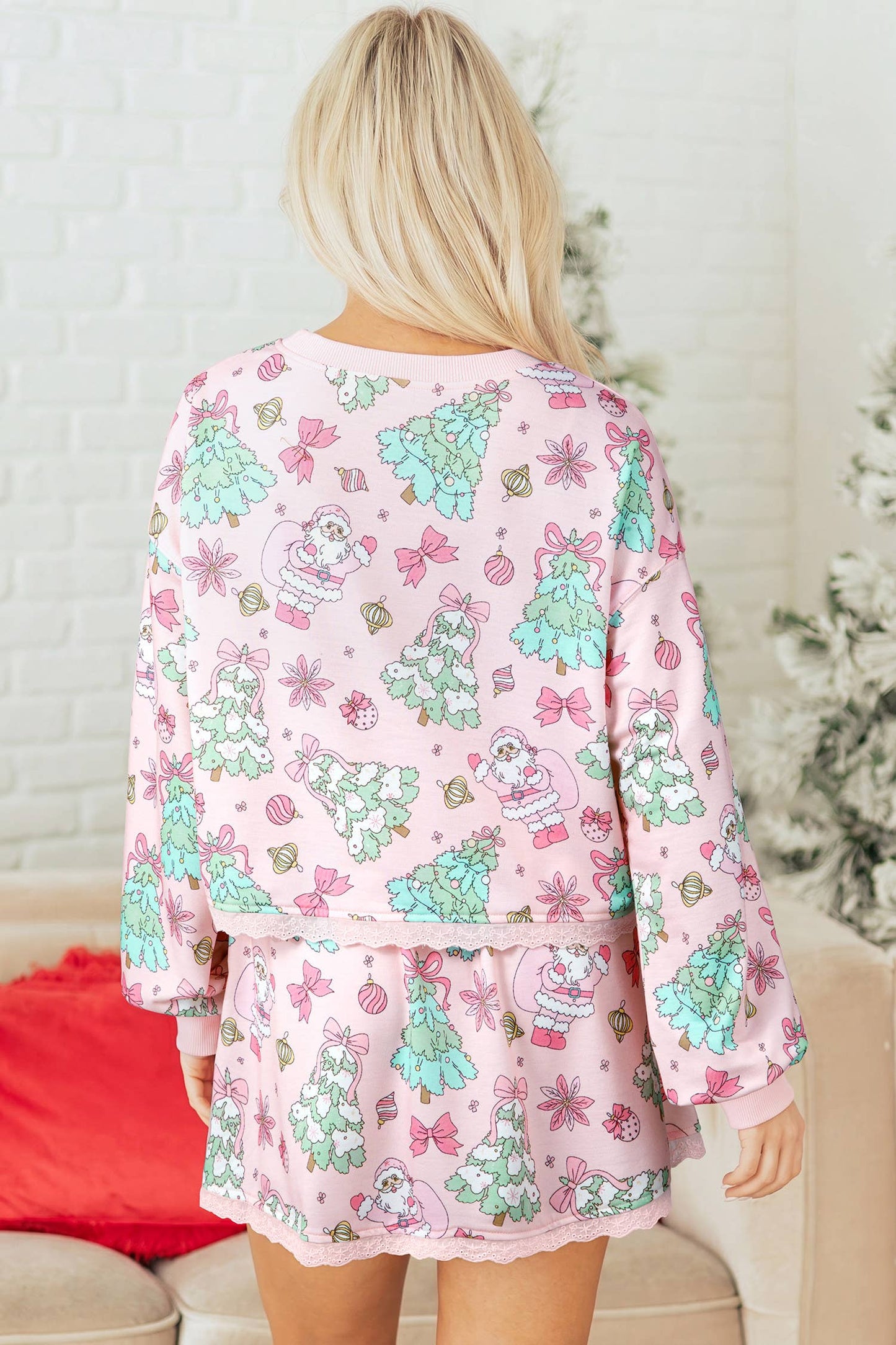 Pink Christmas Floral Print Lace Trim Long Sleeve Skirt 2Pcs Set