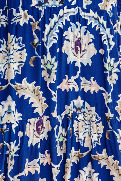 Blue Floral Print Frilled Collar Half Sleeve Long Dress