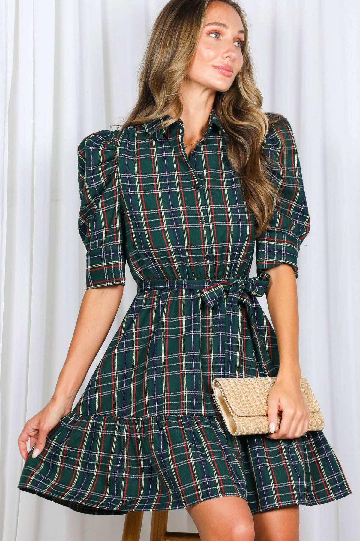 Red Plaid Short Puff Sleeve Mini Dress