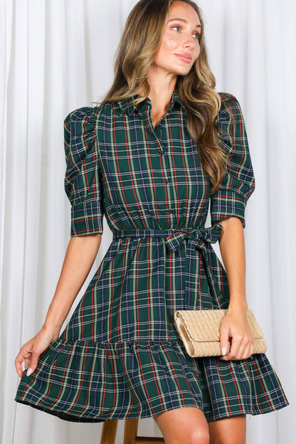 Red Plaid Short Puff Sleeve Mini Dress