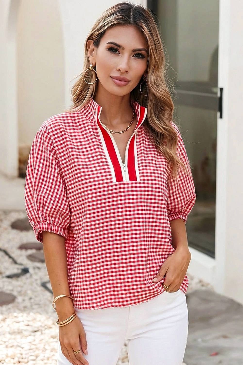 Red Plaid Short Sleeve Split Neck Blouse