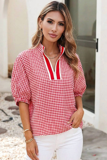 Red Plaid Short Sleeve Split Neck Blouse
