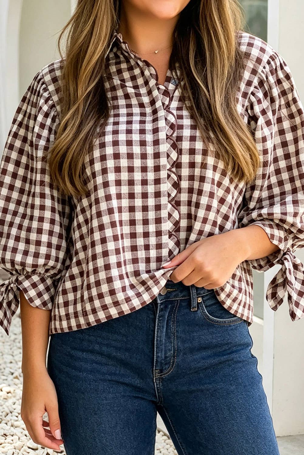 Brown Plaid Knot Half Sleeve Button Down Shirt