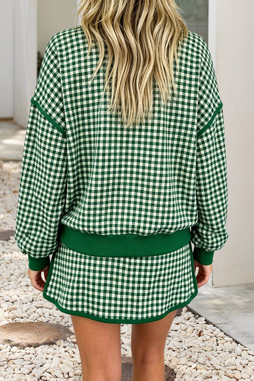 Red Gingham Oversized Crew Neck Top and Skirt Set