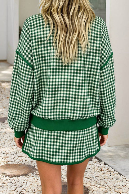 Red Gingham Oversized Crew Neck Top and Skirt Set